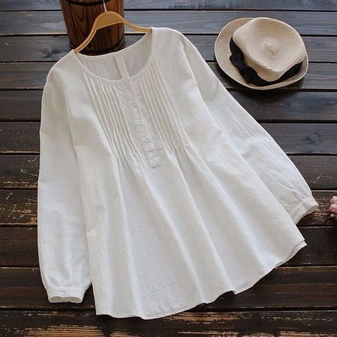 Linen Style I Womens Basic Tops, White Cotton Blouse, Round Neck Blouses, Design Clothes, Pleated Blouse, Oversized Blouse, Solid Color Shirt, Fashion Top, Mode Hijab