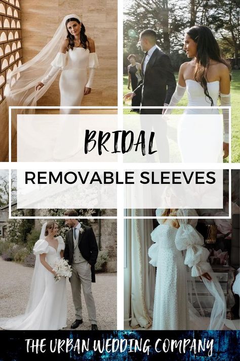 4 different brides wearing removable wedding dress sleeves Removable Long Sleeves Wedding Dress, How To Make Detachable Sleeves For Wedding Dress, Adding Sleeves To A Sleeveless Dress Wedding, Sleeves To Add To Wedding Dress, Wedding Dress With Added Sleeves, Wedding Dress Sleeve Ideas, Adding Long Sleeves To Wedding Dress, Detachable Sleeves Wedding Dress Strapless Gown, How To Add Sleeves To A Wedding Dress