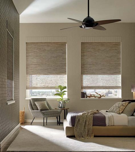 dual-shades-hunter-douglas-woven-blinds-beige-bedroom-austin-window-fashions Roller Shades Bedroom, Dual Roller Shades, Blinds Interior Design, Modern Window Shades, Roller Shades Living Room, Hunter Douglas Roller Shades, Roller Blinds Living Room, Hunter Douglas Shades, Room Shades