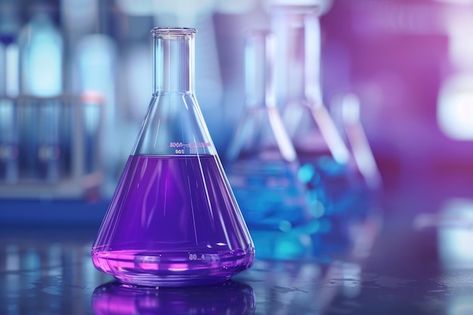 Photo purple glass flask in blue researc... | Premium Photo #Freepik #photo Science Banner, Laboratory Background, Photo Purple, Glass Flask, Purple Glass, Premium Photo, Chemistry, Flask, Lab