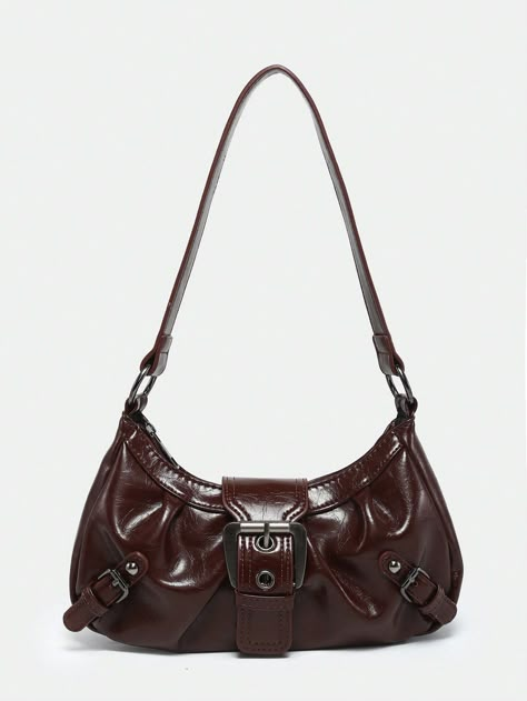 1pc Women Retro Melade Distressed Soft Faux Leather Motorcycle Bag With Rivets, Buckle Decor, Cloud Pleated Shoulder/Underarm Bag, Barrel Bag Shape Suitable For Work, Commute, Date, Party Maroon Punk,Vintage   PU Leather Colorblock,Plaid,Plain Baguette Bag   Women Bags, size features are:Bust: ,Length: ,Sleeve Length: Cute Vintage Bags, Vintage Clothing Pieces, Barrel Bags, 2000s Bags, Shoulder Bag Aesthetic, Maroon Bag, Bag Shapes, Work Commute, 90s Shoulder Bag