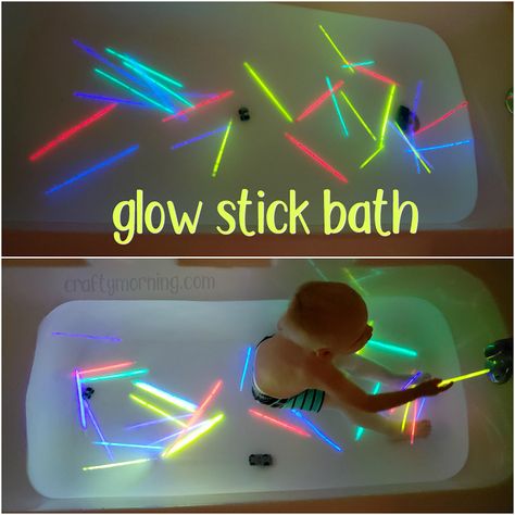 Glow Stick Bath (Kids Activity) Bathtub Sensory Play, Bath Fun For Toddlers, Bath Sensory Play, Bath Play Ideas, Glow Stick Bath, Glow Stick Activities For Kids, Kids Bath Time Ideas, Themed Baths For Kids, Sensory Bath Ideas