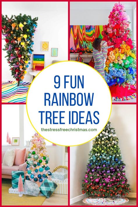 White Christmas Tree Rainbow Decorations, Rainbow Themed Christmas Tree, Rainbow Tree Topper, Christmas Tree Ideas Rainbow, Rainbow Xmas Tree, Lgbtq Christmas Tree, Rainbow Christmas Trees, Christmas Tree Decor Ideas Colorful, Diy Rainbow Christmas Ornaments