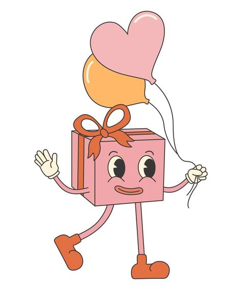 Retro groovy valentines day sticker. Cute and funny character gift box with balloons. 70s 60s cartoon aesthetics Gift Box With Balloons, Gift Cards Aesthetic, Box With Balloons, Cartoon Balloons, Balloon Character, Groovy Valentines, 60s Cartoons, Vector Nature, Cartoon Heart