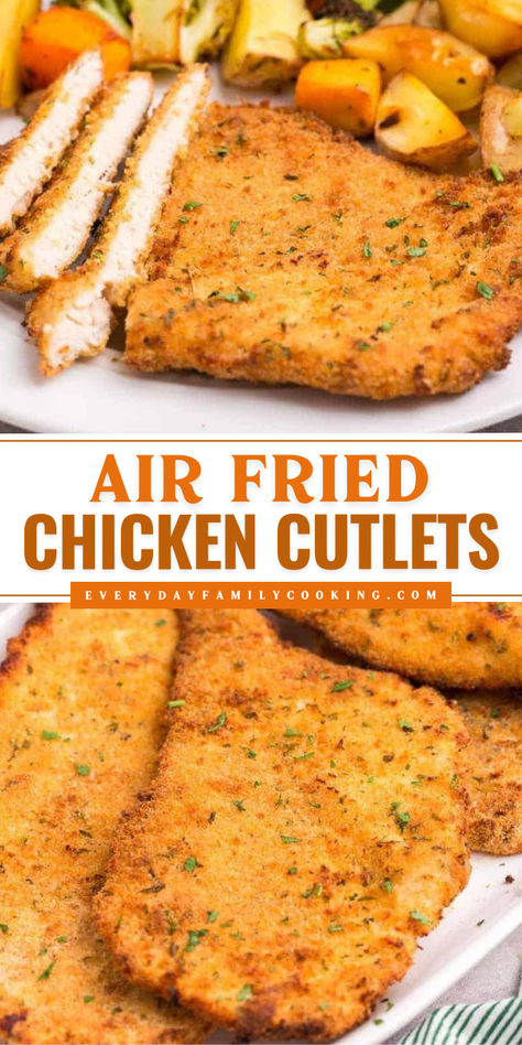 Air Fried Chicken Cutlets	Want more weeknight dinners for family? Here's an air fryer chicken recipe! This meat main dish is ready in just 20 minutes. Deliciously juicy while being crispy and golden, these easy air fried chicken cutlets are the BEST. Save this pin! Crunchy Air Fryer Chicken, Chicken Fried Chicken Air Fryer Recipe, Chicken Cutlet In Air Fryer, Italian Chicken In Air Fryer, Air Fried Chicken Cutlet Recipes, Chicken Cutlets Recipes Air Fryer, Air Fried Chicken Recipes Healthy, Air Fryer Chicken Milanese, Quick Air Fryer Chicken Recipes