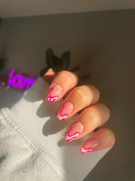 Funky French Tips, Pink Abstract Nails, Neon Pink French Tip Nails, Abstract French Tip Nails, Funky French Tip Nails, French Tip Design, Pink Abstract, Girls Nails, French Tip Nails