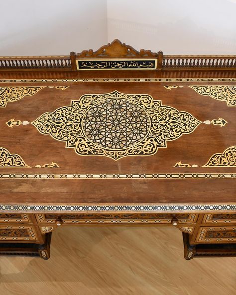 Holy mother of pearl 💎 Moorish walnut and mother of pearl inlay desk with carved wood gallery top, Arabic calligraphy to front and back, carved drawers and sides, and two galleried shelves to bottom, made in Egypt. Some finials missing. Dimensions: 41”H x 59”W x 31”D. Available online and in store. Eligible for nationwide shipping through our website. 🦎saltlizardnyc.com Mother Of Pearl Inlay, Pearl Inlay, Carved Wood, Finials, Mother Of Pearl, Egypt, Walnut, Arabic Calligraphy, Drawers