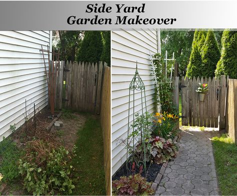 Side Yard Garden Before and After-one year later Side Yard Makeover, Garden Inspiration Ideas, Side Yard Gate, Side Yard Garden, Fence Planning, Yard Makeover, Small Garden Ideas, Side Yard Landscaping, Garden Paradise