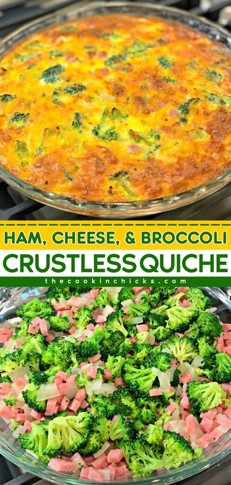 Whip up this quiche recipe! It's an easy school breakfast idea with a make-ahead option. Packed with ham, cheese, and broccoli, this crustless quiche is a delicious back-to-school food while being low-carb! Mothers Day Casserole Recipes, Ham And Broccoli Quiche, Ham Quiche Recipe, Broccoli Cheese Quiche, Crustless Broccoli Quiche, Breakfast Quiche Recipes Easy, Broccoli Quiche Recipes, Quiche Recipes Crustless, Cheese And Broccoli