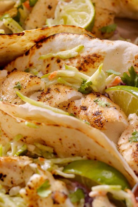 Halibut Fish Tacos - IzzyCooking Table Tacos, Halibut Tacos Recipes, Halibut Fish Tacos, Homemade Taco Sauce, Halibut Tacos, Tacos Fish, Cod Fish Tacos, Fish Tacos Tilapia, Spicy Fish Tacos