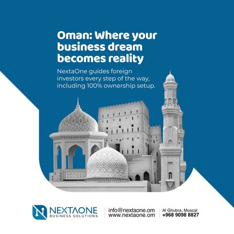 Turn your business dream into reality in Oman! NextaOne helps foreign investors like YOU navigate the process of setting up a company in Oman, including 100% ownership. Oman offers a stable economy, strategic location, and a supportive business environment. Make it happen today! Contact us to learn more! Get a free consultation today! Call/WhatsApp 🌐 www.nextaone.om 📩 info@nextaone.om 📱+968 9098 8827 📱+968 9126 0908 Business Environment, Free Consultation, Business Solutions, Make It Happen, Oman, Stables, Like You, To Learn, The 100