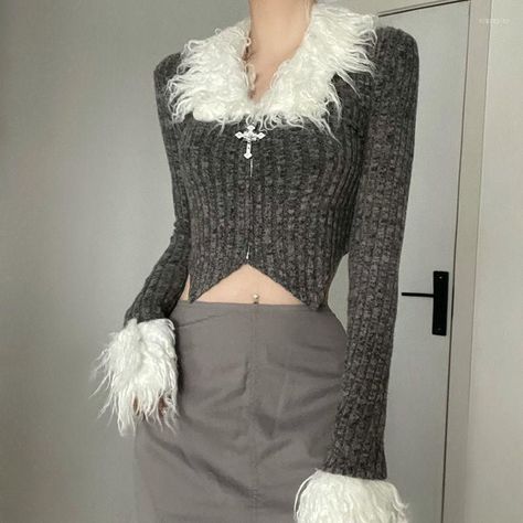 Fur Trim Cardigan, Short Fur Coat, Feather Crop Top, Zipper Crop Top, Cardigan Y2k, Clothes Streetwear, Y2k Fairycore, Bodycon Sweater, Knitted Long Sleeve