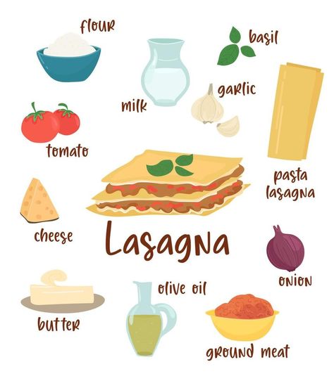 Lasagna. Illustration of Italian lasagna recipe and ingredients. Vector illustration for menu, cookbooks, instagram. Lasagna Packaging, Lasagna Drawing, Lasagna Illustration, Italian Lasagna Recipe, Italy Illustration, Italian Lasagna, Olive Oil Butter, Fancy Appetizers, Lasagne Recipes