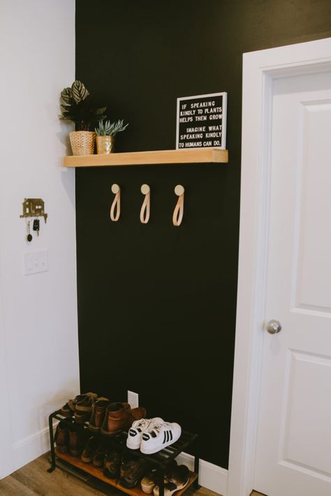 Black Wall Gold Accents, Black Wall Entryway, Black Kitchen Walls, Statement Wall Bedroom, Living Room Statement Wall, Black Statement Wall, Black And White Walls, Best Paint Brand, Boho Corner