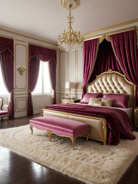 Create a luxurious pink bedroom aesthetic by incorporating velvet, satin, and silk fabrics. Add a crystal chandelier, gold accents, and a plush faux fur rug for an opulent touch. Castle Bedrooms, Burgundy Bedroom Ideas, Pink Bedroom Aesthetic, Bedroom Collections Furniture, Burgundy Bedroom, Bedroom Concept, Castle Bedroom, Chandelier Gold, Girly Decor