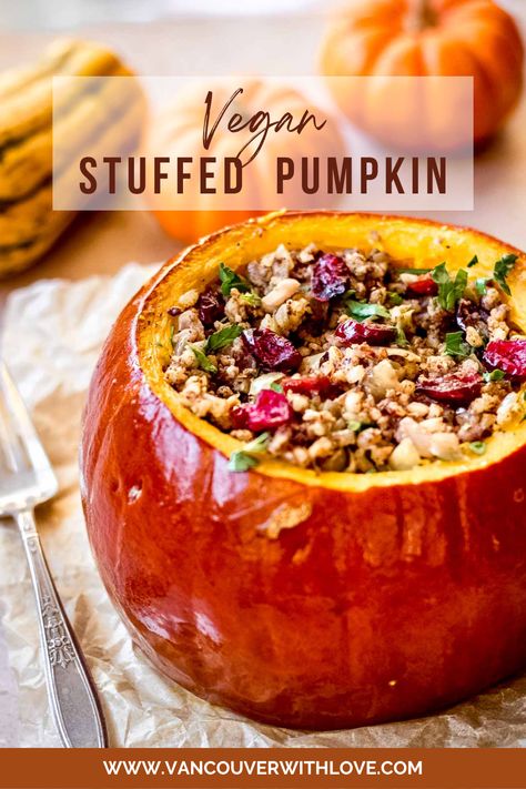 Bright orange vegan stuffed pumpkin filled with brown rice, cranberries and pecans. There are small decorative squash in the background. Thanksgiving Vegan, Stuffed Pumpkin, Pumpkin Syrup, Pumpkin Dishes, Vegan Rice, Pumpkin Recipe, Thanksgiving Recipe, Vegan Thanksgiving, Vegan Pumpkin