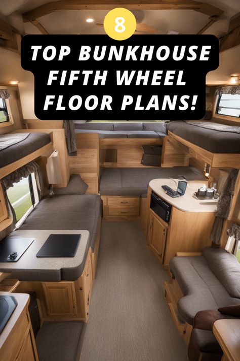 Planning the ultimate family RV adventure but can't decide on the perfect layout? 🚐✨ Discover 8 amazing fifth wheel floor plans with bunkhouses that promise comfort and fun for the whole family! From spacious kitchens to cozy nooks, find your dream setup. What does your ideal family RV look like? Share in the comments! Click to explore and start planning your next getaway.  #rvlife #rvliving #camper Rv Bunk House Remodel, Camper Floor Plans, Toy Hauler Remodel, Rv Camping Essentials, Rv Living Hacks, Rv Living Organization, Camper Flooring, Camper Renovations, Rv Storage Ideas