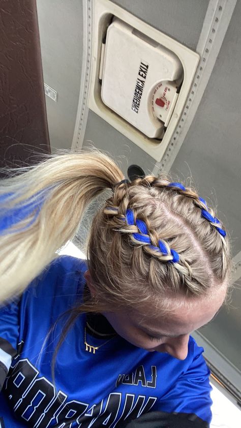 Pink Out Volleyball Hairstyles, Pink Out Hairstyles Volleyball, Powderpuff Football Hair Ideas, Chearleder Hairstyle, Braided Hair For Sports, Volleyball Camp Hairstyles, Gymnastics Comp Hairstyles, Cheer Braid Hairstyles, Cheer Comp Hairstyles