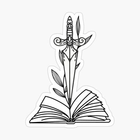 dagger, book, book lover, fantasy, fantasy lover, bookish, booktok, reader, read Book And Dagger Tattoo, Fantasy Book Stickers, Fantasy Dagger Tattoo, Dagger Tattoo Design, Scarlet King, Envelope Tattoo, Hannah Tattoo, Book Embosser, Fantasy Dagger