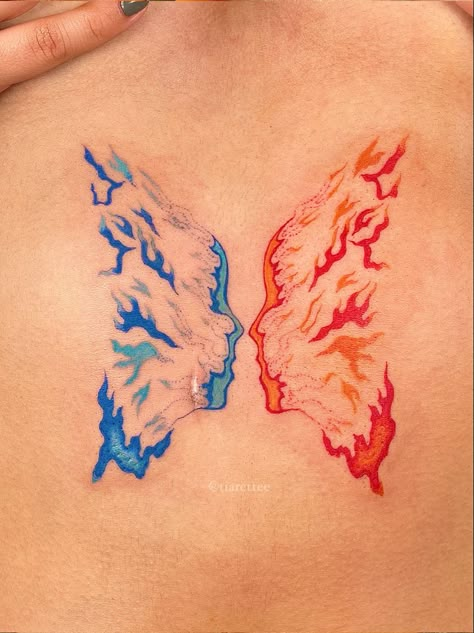 Fire Inspired Tattoo, Ice Tattoo, Twin Tattoos, Flame Tattoos, Theme Tattoo, Fire Tattoo, Red Ink Tattoos, Dope Tattoos For Women, Tatuaje A Color