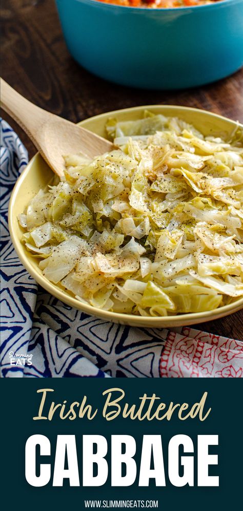 Irish Buttered Cabbage - this simple but delicious side dish of cooked cabbage with butter and black pepper is the perfect recipe for a variety of main dishes. Gluten Free, Slimming World and Weight Watchers friendly Best Steamed Cabbage Recipe, English Cabbage Recipes, Irish Fried Cabbage, Cabbage For St Patricks Day, St Patricks Day Cabbage And Potatoes, Cabbage St Patricks Day, Irish Cabbage Recipes St Patrick, Buttery Cabbage Recipe, Green Cabbage Casserole