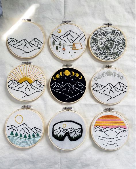 Mountain Embroidery Hoodie, Small Mountain Embroidery, Pnw Embroidery, Outdoor Embroidery Designs, Embroidered Mountains Simple, Wall Embroidery Art, Embroidery Designs Mountains, Embroider Mountains, Embroidery Patterns Mountains