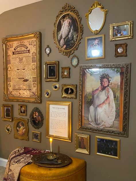 Harry Potter Movie Room Ideas, Harry Potter Inspired Furniture, Harry Potter Framed Pictures, Master Bedrooms Decor Harry Potter, Harry Potter Inspired Home Library, Gallery Wall Harry Potter, Harry Potter Apartment Aesthetic, Harry Potter Home Library Ideas, Harry Potter Hallway Decor