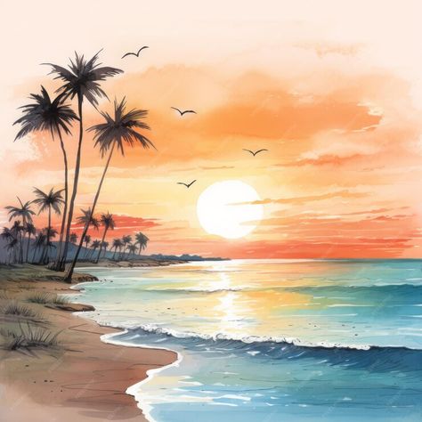 I Am Saving My Beach Painting, Beach Sunset Drawing Colored Pencil, Watercolor Palm Tree Sunset, Beach Pictures Drawing, Seashore Drawing, Sunset Beach Watercolor, Beach Watercolor Paintings, Beach Painting Watercolor, Watercolor Art Sea