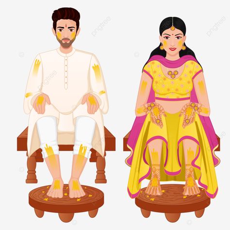 Haldi Ceremony Outfit For Men, Indian Wedding Pictures, Couple Illustration Wedding, Bride And Groom Cartoon, Bride Clipart, Haldi Ceremony Outfit, Wedding Caricature, Indian Wedding Bride, Indian Wedding Couple