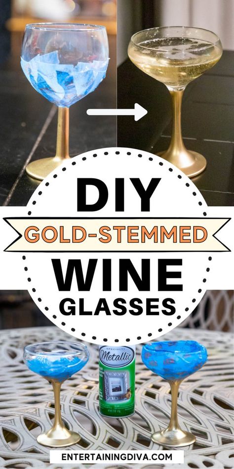 These painted gold-stemmed wine glasses are an easy, budget-friendly DIY table decoration that look a lot more expensive than they are. Expensive Glasses, Gold Table Setting, Diy Wedding Reception, Wedding Wine Glasses, Diy Table Decor, Spray Paint Cans, Diy Gold, Budget Friendly Wedding, Gold Spray Paint