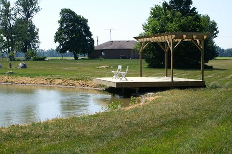 New deck | Questions & Observations | Pond Boss Forum Pond Pergola Ideas, Pasture Pond Ideas, Pond Pavilion Ideas, Small Pond Dock Ideas, Farm Pond Ideas, Dam Jetty, Pond Deck Ideas, Pond Decking, Pond Decks