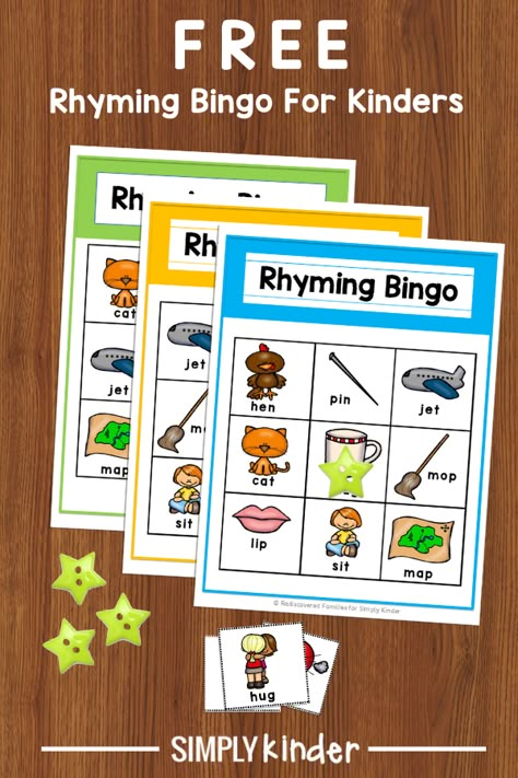 Free Printable Rhyming Bingo Game For Kindergarten Rhyming Centers For Preschool, Phonemic Awareness Rhyming Activities, Literacy Board Games, Rhyme Games Kindergarten, Small Group Rhyming Activities Preschool, Rhyming Games For Preschoolers, Rhyme Recognition Activities, Cvc Bingo Free, Rhyming Game Kindergarten