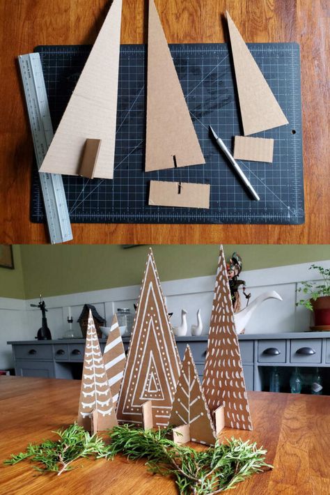 25 Best cardboard Christmas decorations & crafts ideas such as easy DIY Xmas trees, ornaments, wreaths, fireplace, gingerbread houses, winter village, snowman, etc! - A Piece of Rainbow, holiday crafts for kids, advent calendar, garland, handmade, gifts, gift tags, modern, farmhouse, boho, Scandinavian, vintage, budget decor, dollar store, Anthropologie style, wall decor Holiday Craft Projects, Diy Craft For Christmas, Cardboard Trees Diy, Christmas Decorations From Cardboard, Cardboard Crafts For Christmas, Cardboard Gingerbread House Garland Diy, Christmas Crafts On A Budget, Diy Trees For Christmas Village, Cardboard Christmas Tree Decorations