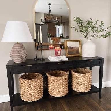 #TargetStyle : Console : Target Finds Basket Under Console Table, Baskets Under Console Table, Entry Table Ideas, Ideas For Entryway, Bolton House, Farmhouse Modern Decor, Hallway Table Decor, Entryway Table Ideas, Console Table Entryway