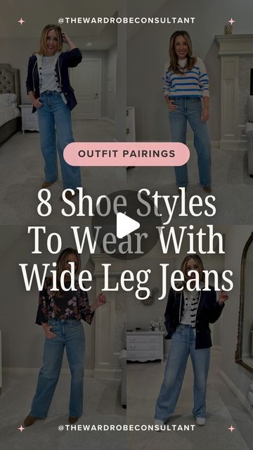 Hallie Abrams on Instagram: "Here are 8 examples of shoe styles that work well with wide leg jeans!👖👢

For the 10 minute version of this video, with a more detailed explanation, you can now subscribe to my instagram channel! I am so excited to be able to start sharing longer content to my subscribers.

To shop this post, just mention LINKS in the comments and I’ll send you the info!🤗 Which style do you like best? #widelegjeans #widelegpants #howtostyle" Wide Leg Jeans Outfit Teacher, Ankle Length Wide Leg Pants Outfit, Wide Leg Jean Shoes, Wide Leg Jeans Shoes Style, Boots To Wear With Wide Leg Jeans, Mules And Jeans Outfit, Wide Leg Pants Shoes, How To Style Wide Leg Trousers, What Shoes To Wear With Wide Leg Jeans