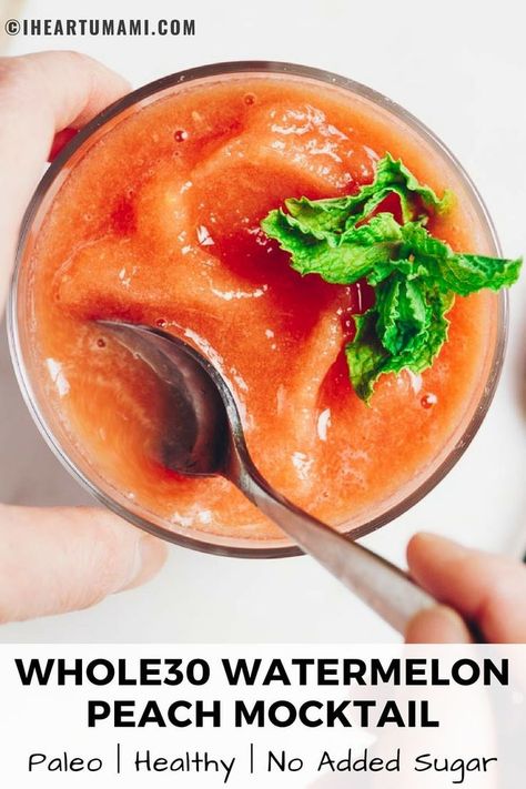 3-ingredient Whole30 Watermelon Peach Mocktail is the perfect healthy compliant drinks with no added sugar. This gorgeous pink drink watermelon slush infused with sparkling water will keep thirsty at bay and is the perfect Whole30 drink! #paleo #drinks #cocktials Whole 30 Drinks, Watermelon Slush, Pegan Recipes, Ice Land, Whole30 Breakfast, Paleo Drinks, 30 Diet, Whole30 Keto, Whole30 Dinners