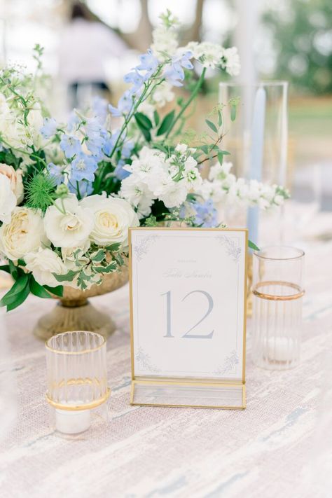 Table number. Blue And Gold Wedding Table Setting, Hydrangea Wedding Centerpieces Simple, Coastal Blue Wedding Decor, Cocktail Wedding Flowers, Light Blue Wedding Signage, Coastal Wedding Signage, Blue And White Flower Centerpieces, Wedding Table Scape Ideas, Elegant Wedding Decorations