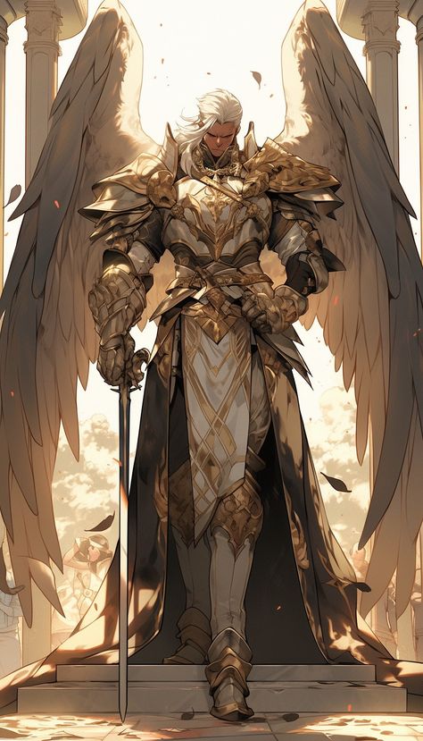 Male Aasimar Character Design, Angel Knight Art, Variant Aasimar, Fantasy Dragon Knight, Oath Of Redemption Paladin, Angel Art Male, Aasimar Rpg, Warrior Angel Art, Fantasy God Concept Art