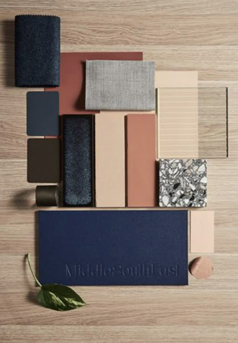 Blue And Tan Interior Design, Workshop Interior Design Ideas, Navy Blue And Copper Bedroom, Navy And Peach Living Room, Blue Sofa Living Room Colour Schemes Color Pallets, Blue Interior Color Palette, Blue Navy Color Palette, Blue Material Palette, Light Wood Color Palette