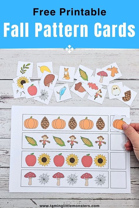 Fall Pattern Cards (Free Printable for Kids)    A great way to teach preschoolers and kindergarteners some simple math concepts. Grab your free copy today.    #fall #math #stem #freeprintable #preschool #kindergarten Fall Theme Math Preschool, Fall Math Prek, Math Links Pattern Cards Free Printable, Thanksgiving Kindergarten Activities Free Printables, Math In Kindergarten, Fall Preschool Activities Math, Patterns For Kindergarten Free Printable, Fall Worksheets For Toddlers, Halloween Patterns Preschool