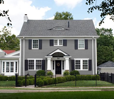 Dark Gray Shutters White House, Grey Exterior House Colors With Shutters, White House Shutter Colors, Shutters On Gray House, Dark Gray House Exterior White Trim Black Shutters, Siding Shutter Color Combinations, Shutters On Grey House, Exterior Shutters Ideas Curb Appeal, Gray House White Shutters