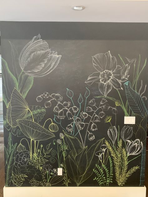 White and greens chalk on chalkboard paint wall Large Chalkboard Art, Cool Chalkboard Wall Art, Chalkboard Painted Wall, Chalkboard Wall Art Bedroom, Plant Chalkboard Art, Chalk Wall Mural, Floral Chalk Art, Chalk Mural Ideas, Chalkboard Plants