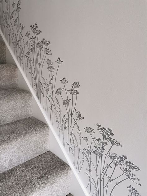 This stencil comes in two parts. It is designed for stairs with a rise of 40 degrees. Stair Wall Painting Ideas, Stenciled Stairs, Collage Decor, Flower Stencils, Stair Wall, Staircase Wall, Cow Parsley, Painted Stairs, Victorian Cottage