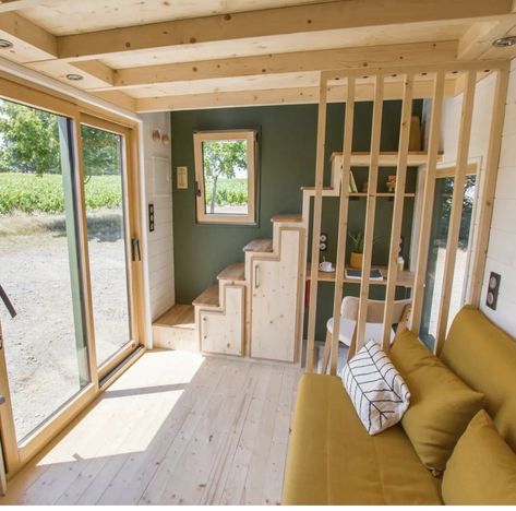 Tiny Home Loft Privacy, Tiny House On Foundation, Tiny House Loft Divider, Living Room Small House, Tiny Home Decorating Ideas, Small Home Living Room, Tiny House With Spiral Staircase, Tiny Cabin Loft Stairs, Modern Tiny Homes