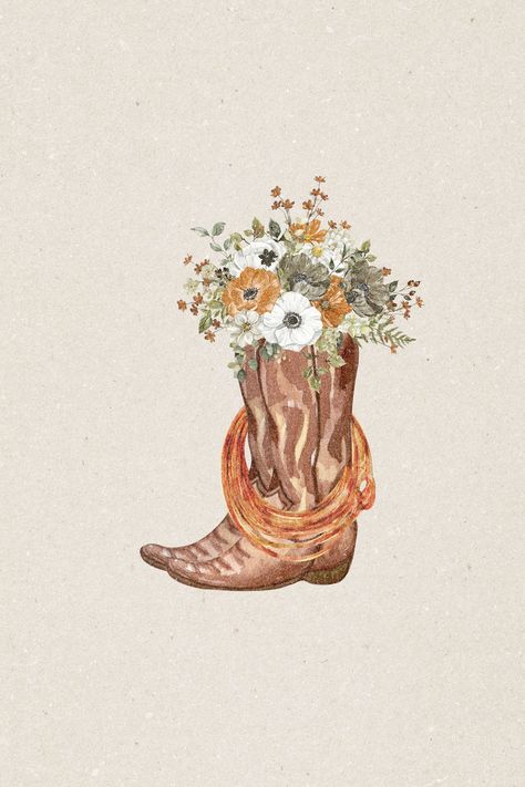 Watercolor western boho cowgirl boots with floral and lasso accent.♡ *Nothing is physically shipped* Western Cow Art, Country Aesthetic Background, Cute Fall Western Wallpapers, Western Fall Background Wallpaper, Cottage Core Images, Boho Western Prints, Western Flowers Wallpaper, Vintage Western Women, Arizona Western Aesthetic