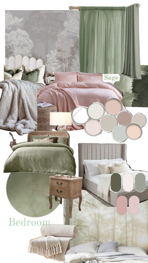 Bedroom inspiration, sage green, beds, wallpaper, woodland, themes, decor Sage Green And Pink Comforter, Mint Green Pink And Grey Bedroom, Sage And Salmon Bedroom, Hunter Green And Pink Bedroom, Light Pink Bedrooms Aesthetic, Sage Cream Bedroom, Sage And Dusty Rose Bedroom, Grey And Sage Bedroom Ideas, Sage And Pink Bedroom Ideas