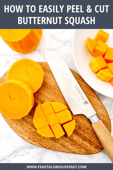 These simple but comprehensive step-by-step instructions for How to Easily Peel & Cut Butternut Squash include photographs for each stage. The awkward shape of butternut and it's thick skin can feel quite daunting if you don't know where to start. But once you know what you're doing, it's actually a breeze. How To Cut Butternut Squash, How To Cut A Butternut Squash, How To Prepare Butternut Squash, How To Make Butternut Squash, How To Peel A Butternut Squash, How To Roast Frozen Butternut Squash, How To Peel Butternut Squash Easily, Easy Way To Peel Butternut Squash, How To Peel And Dice Butternut Squash