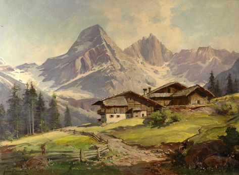 Phandalin Art, Alps Painting, Easy Landscape Paintings, A Level Art Sketchbook, Mountain Drawing, Mountain Cottage, Flower Art Drawing, Traditional Landscape, Landscape Artwork