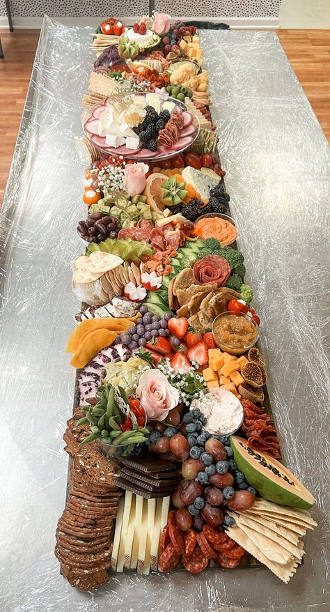 6 foot x 12 inch CharCUTErie Grazing Board – My CharCUTErie Big Cheese Board Ideas, Long Cheese Board Display, Charcutero Board Ideas, Charcuterie Grazing Board, What To Put In Charcuterie Board, Two Tier Charcuterie Board, Food Platters For Parties, Personal Size Charcuterie Board, Charcuterie Board Tables