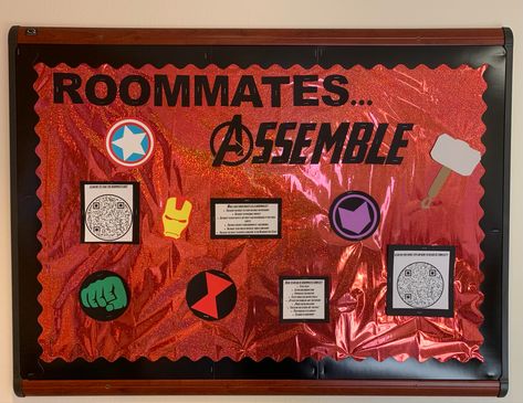 Marvel Bulletin Board, College Bulletin Boards, Bulletin Boards Theme, Ra Bulletins, Ra Boards, Ra Bulletin Boards, Information Board, Res Life, Residence Life